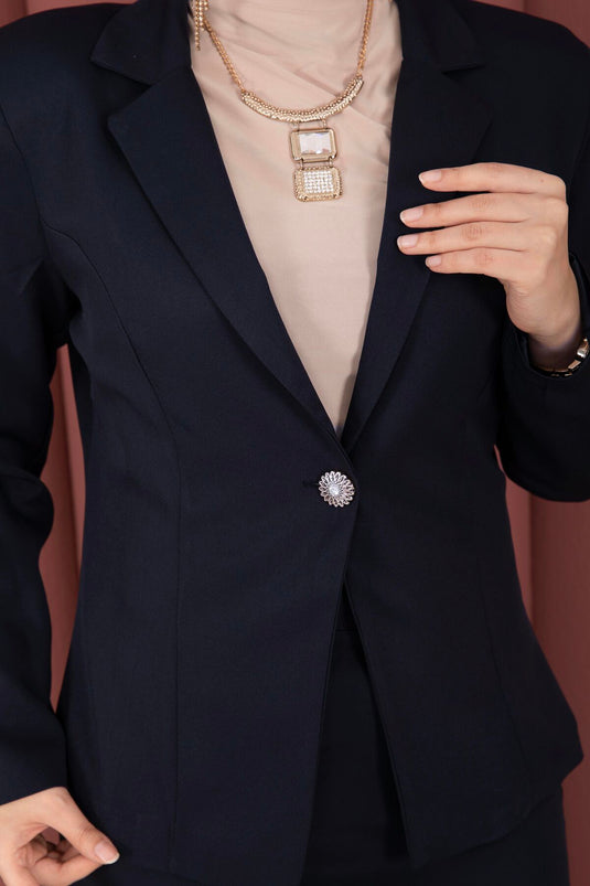 Business Blazer Jacket Skirt Two-Piece Set Navy Blue