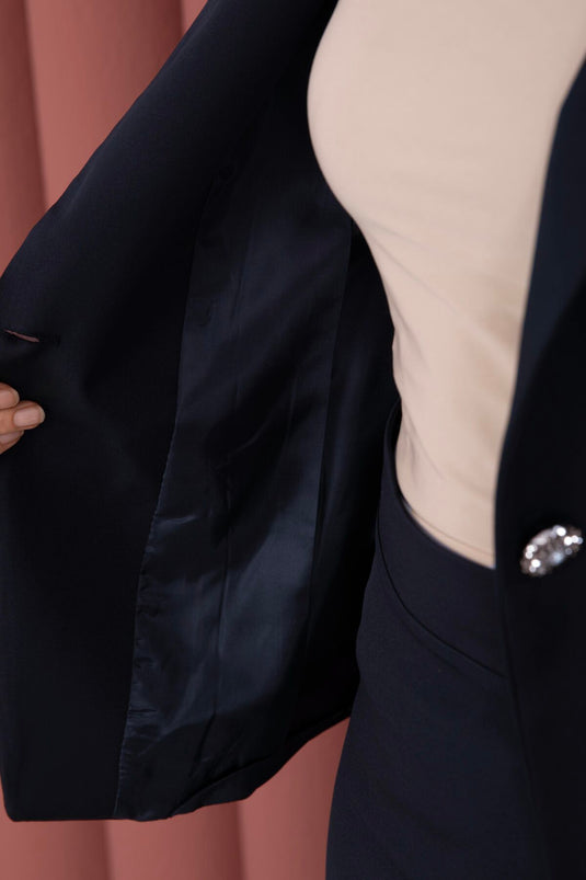 Business Blazer Jacket Skirt Two-Piece Set Navy Blue