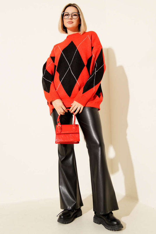 Large Baklava Pattern Knitted Sweater, Red