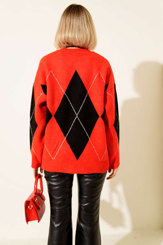 Large Baklava Pattern Knitted Sweater, Red