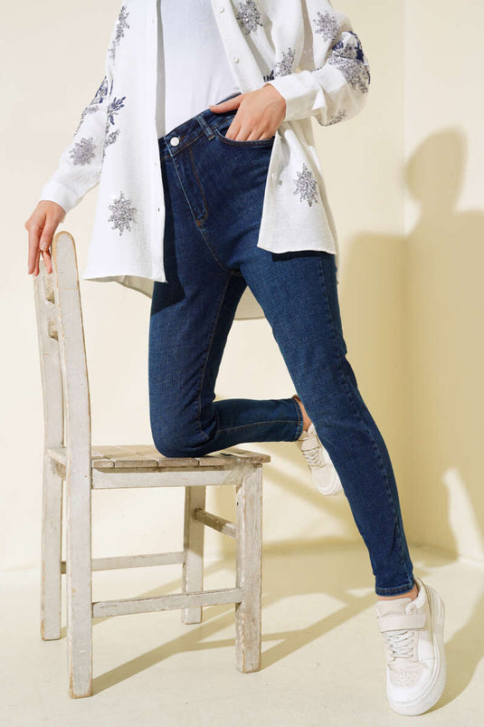 Pantalon Jeans Taille Haute Grande Taille Bleu Marine