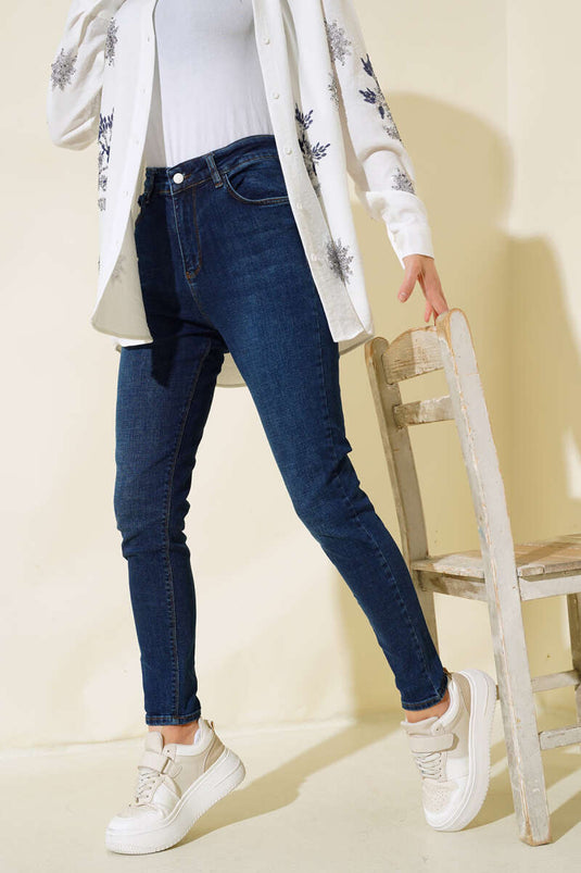 Pantalon Jeans Taille Haute Grande Taille Bleu Marine