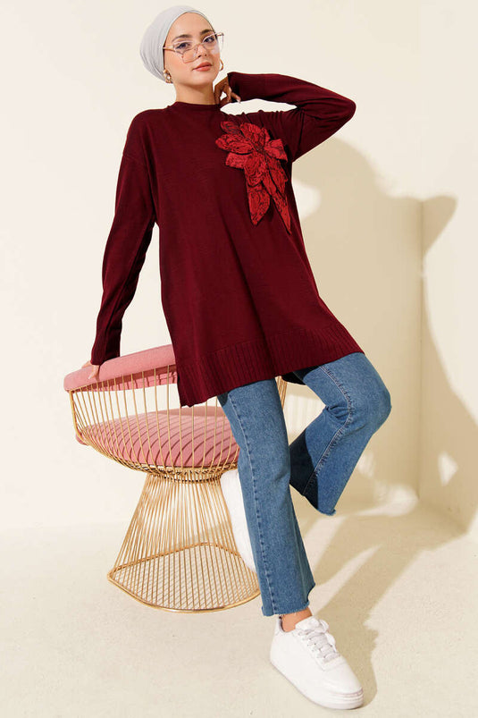 Large Floral Patterned Knitted Tunic, Burgundy