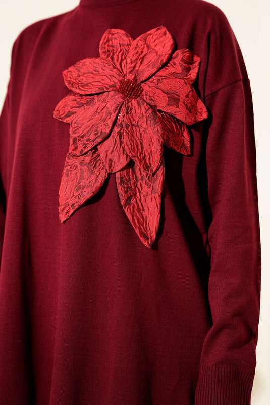 Large Floral Patterned Knitted Tunic, Burgundy
