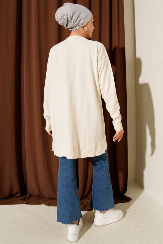 Büyük Çiçek Desenli Triko Tunik Ekru