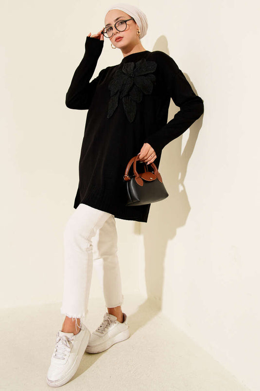 Büyük Çiçek Desenli Triko Tunik Siyah