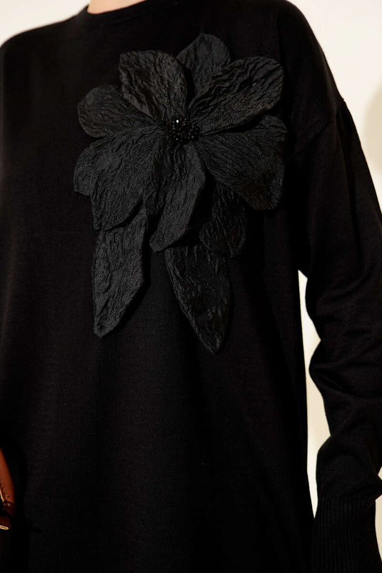 Büyük Çiçek Desenli Triko Tunik Siyah