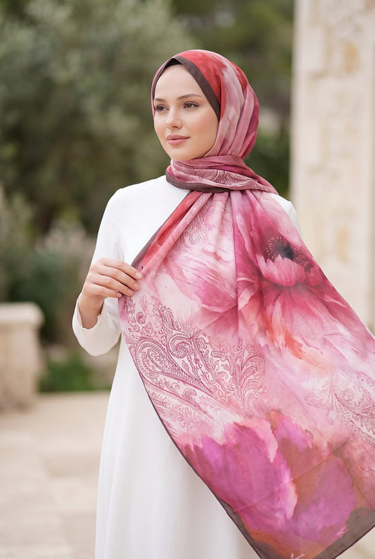 Large Floral Pattern Shawl Series In Coffee And Fuchsia