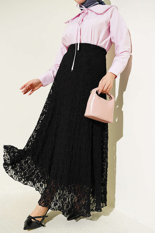 Black Tulle Skirt with Lace and Ruching