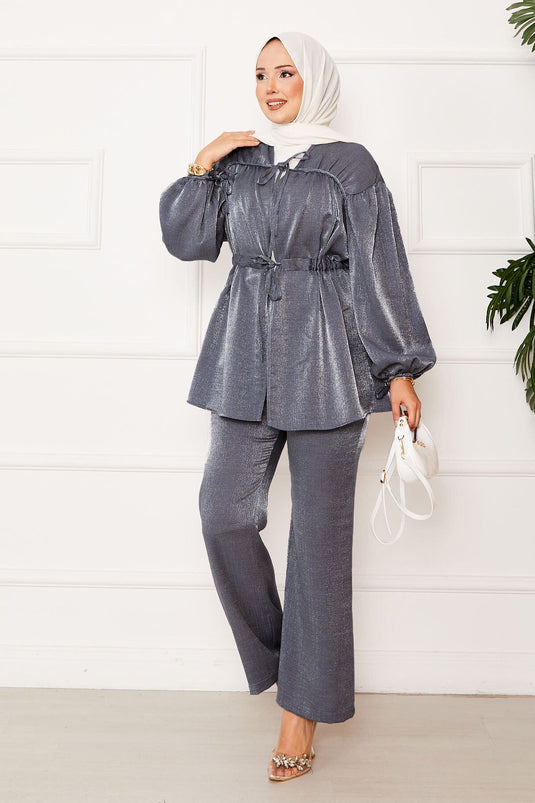 Tunnel Waist Kimono Suit with Gathering Detail Anthracite