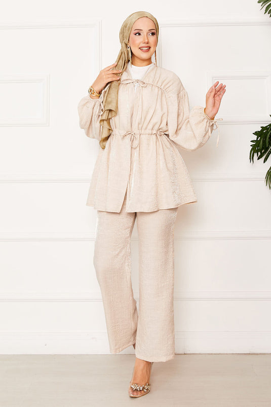 Tunnel Waist Kimono Suit with Gathering Detail Beige