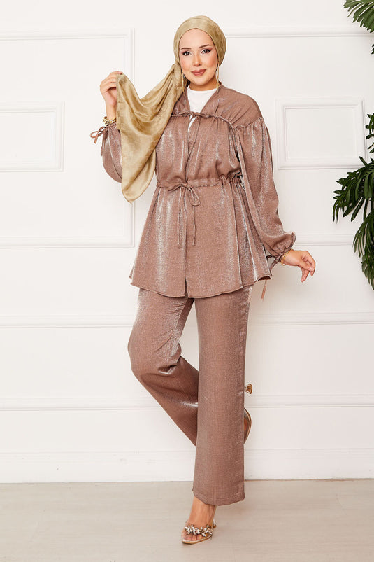 Tunnel Waist Kimono Suit with Gathered Detail Latte