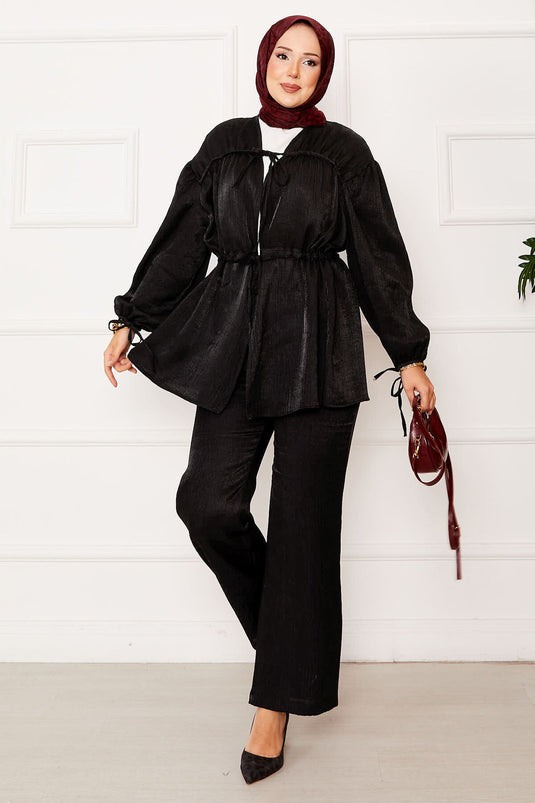 Büzgü Detaylı Beli Tünelli Kimonolu Takım Siyah