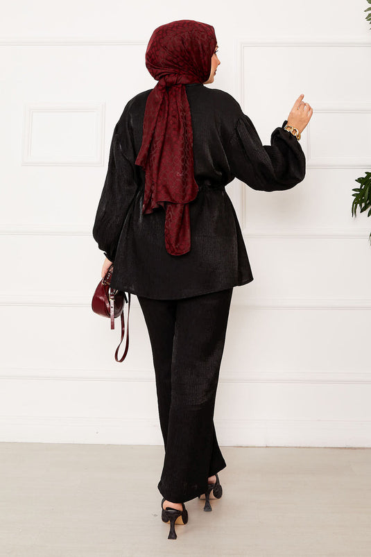 Büzgü Detaylı Beli Tünelli Kimonolu Takım Siyah