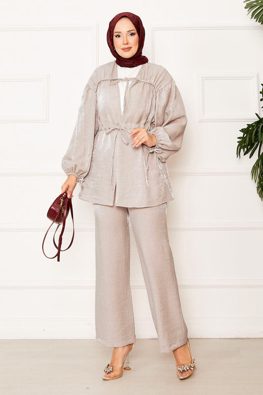 Tunnel Waist Kimono Suit with Gathering Detail Mink
