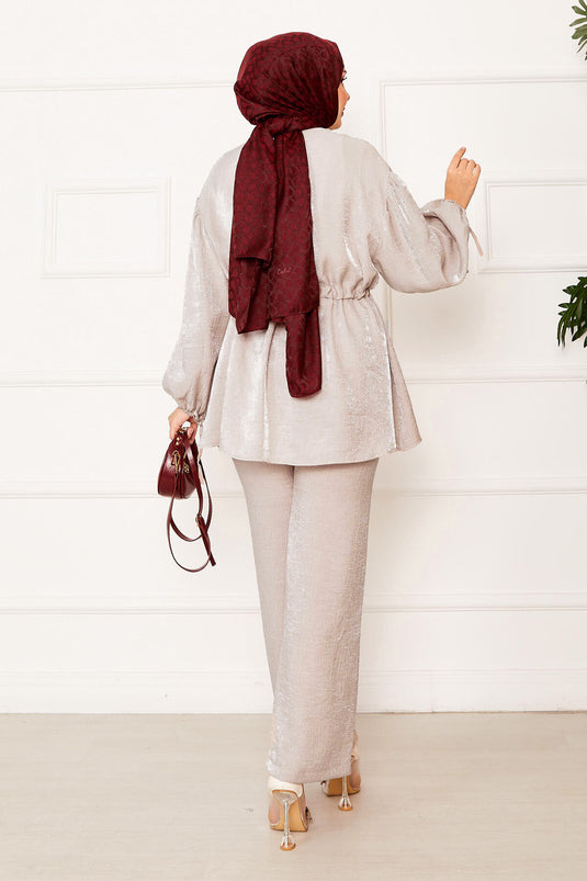 Tunnel Waist Kimono Suit with Gathering Detail Mink