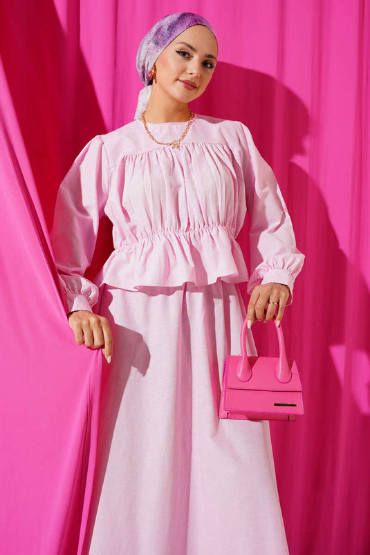 Gathered Detailed Blouse Skirt Two Piece Set Pink