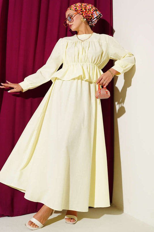 Büzgü Detaylı Bluz Etek İkili Takım Sarı