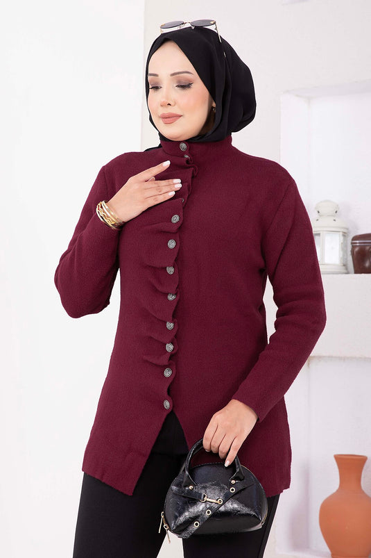 Büzgü Detaylı Düğmeli Angora Hırka Bordo