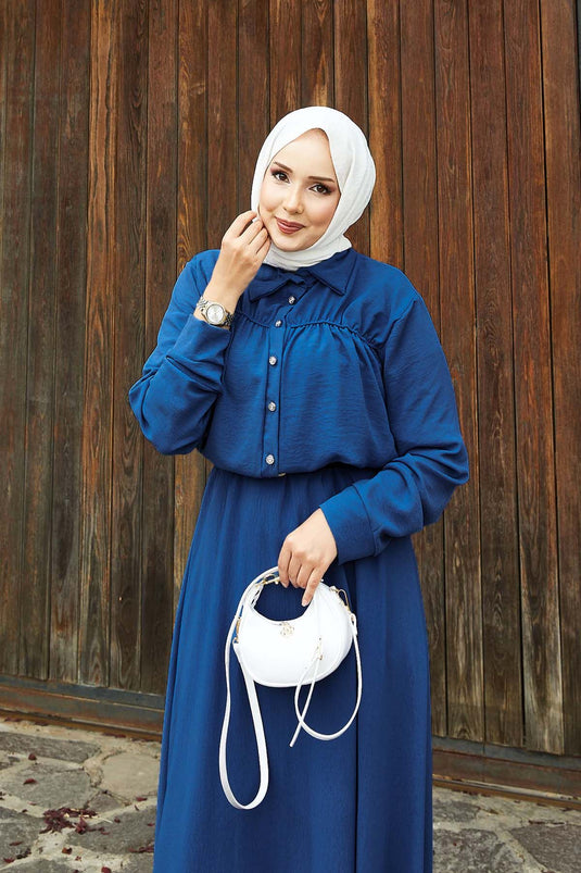 Tailleur jupe à détails froncés indigo