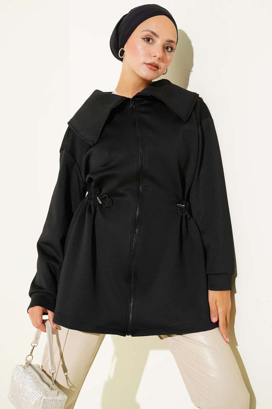 معطف بسحاب وتفاصيل مجمعة، أسود