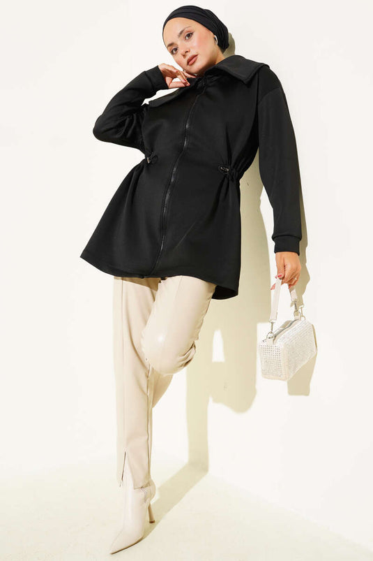 Büzgü Detaylı Fermuarlı Kap Siyah