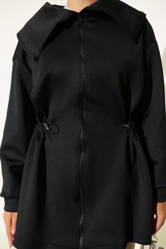 معطف بسحاب وتفاصيل مجمعة، أسود