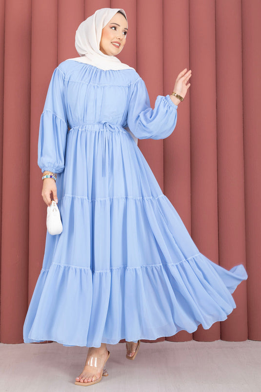 Gathered Detail Layered Dress Baby Blue