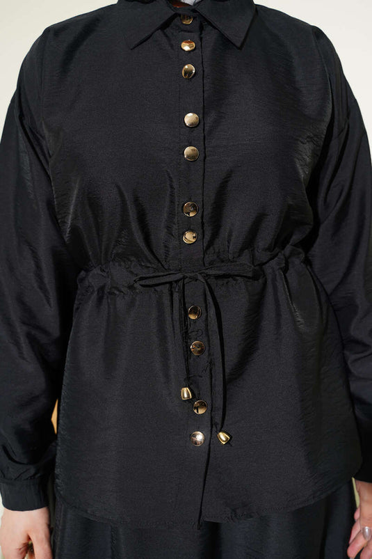 Ensemble Deux Pièces en Tissu Parachute avec Détail Froncé Noir