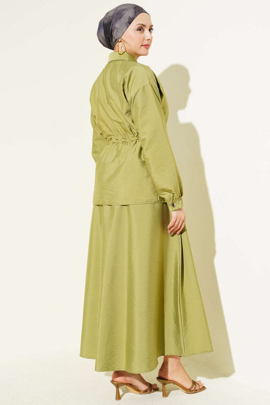 Ensemble Deux Pièces en Tissu Parachute avec Détail Froncé Vert Olive