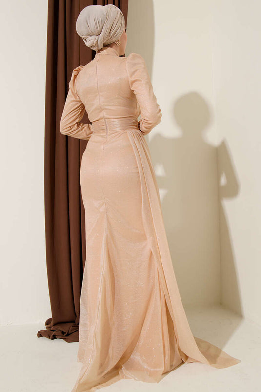 Büzgü Detaylı Simli Abiye Elbise Gold