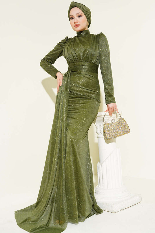 فستان سهرة لامع بتفصيل التجميع باللون الأخضر الزيتوني