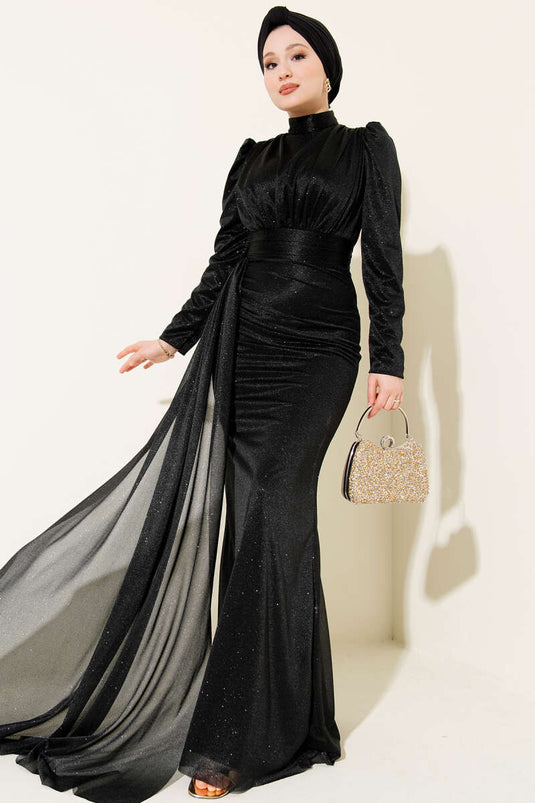 Robe de soirée noire à détails froncés et paillettes