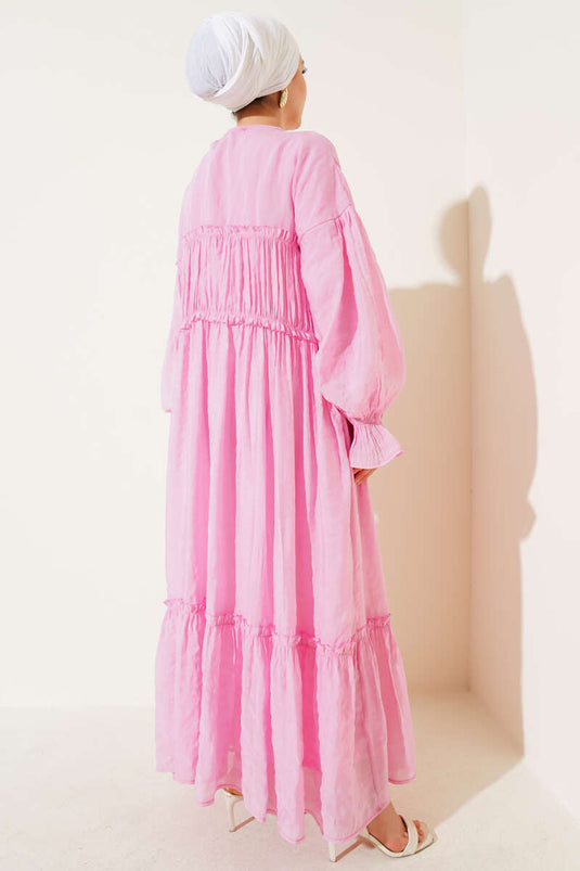 Pink Linen Dress with Gathered Detail V-Neck