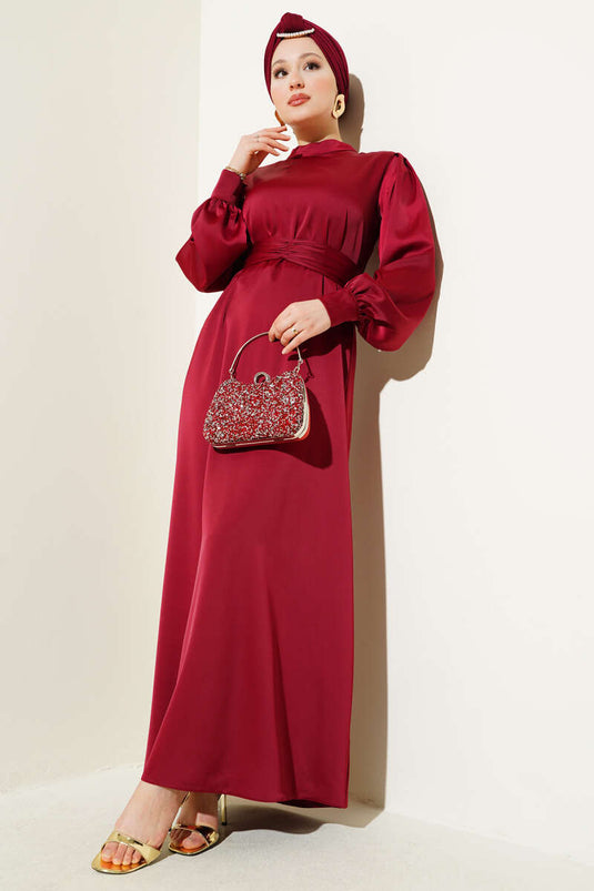 فستان ساتان أساسي مع حزام مجمع - بورجوندي