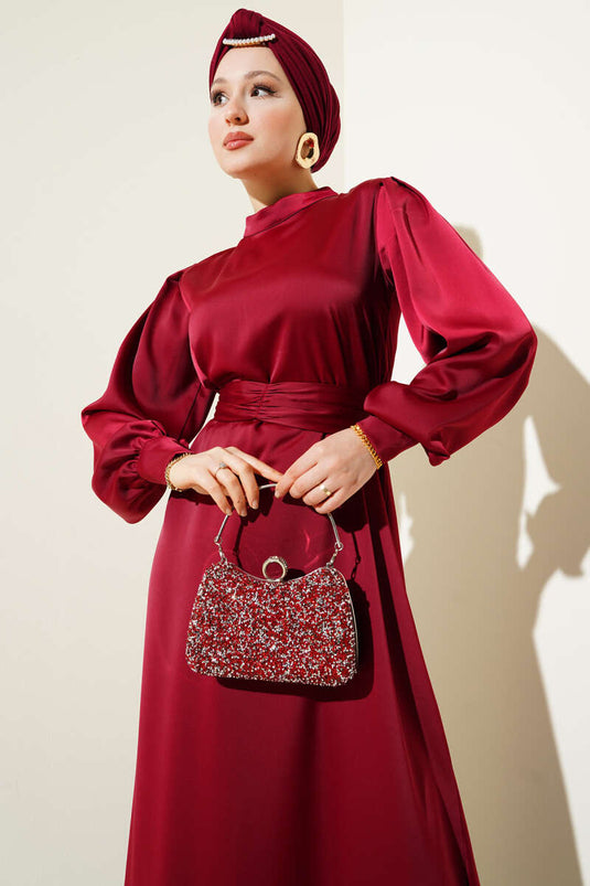 فستان ساتان أساسي مع حزام مجمع - بورجوندي