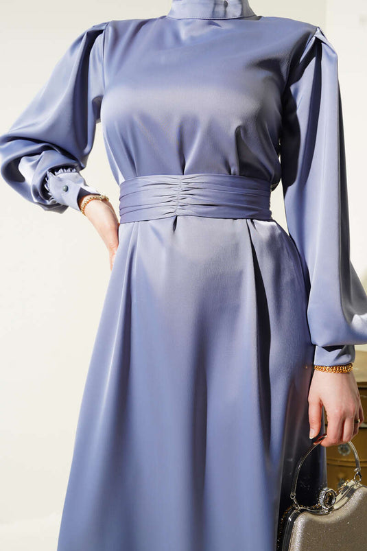 Basic Satin Dress with Gathered Belt in Grey
