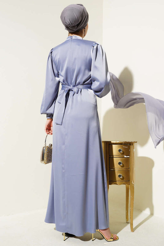 Basic Satin Dress with Gathered Belt in Grey