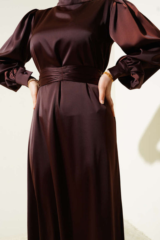 Basic Satin Dress with Gathered Belt Brown