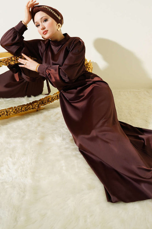 Basic Satin Dress with Gathered Belt Brown