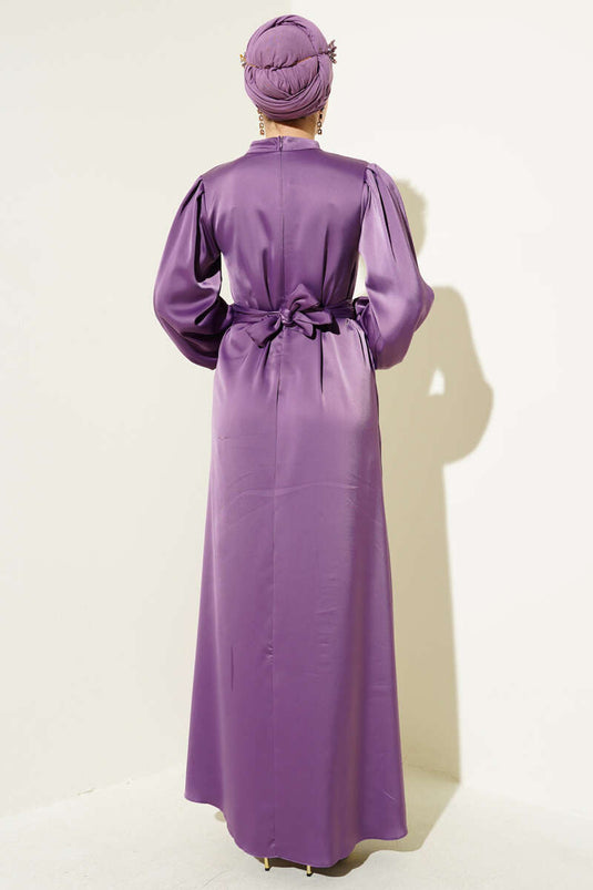 فستان ساتان أساسي مع حزام مجمع - أرجواني