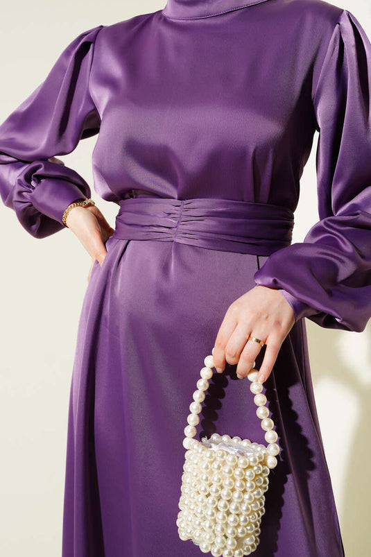 فستان ساتان أساسي مع حزام مجمع - أرجواني