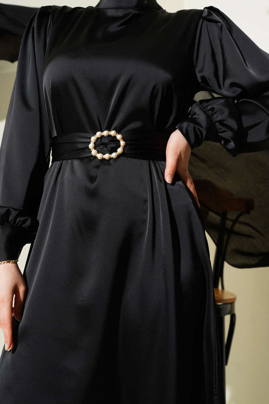 Basic Satin Dress with Gathered Belt Black