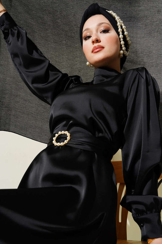Basic Satin Dress with Gathered Belt Black