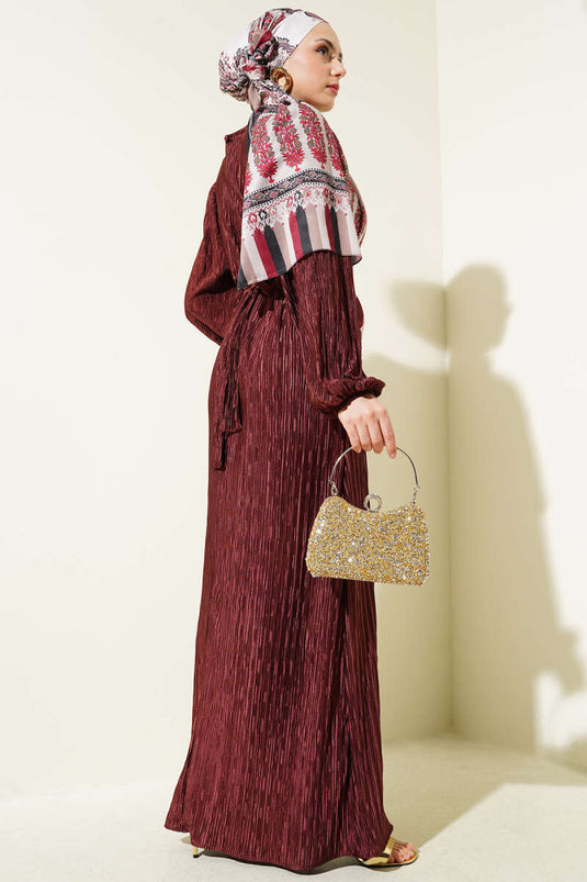 Pleated Satin Look Dress Burgundy