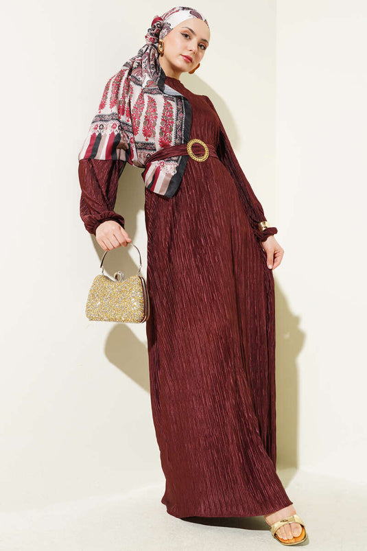 Pleated Satin Look Dress Burgundy