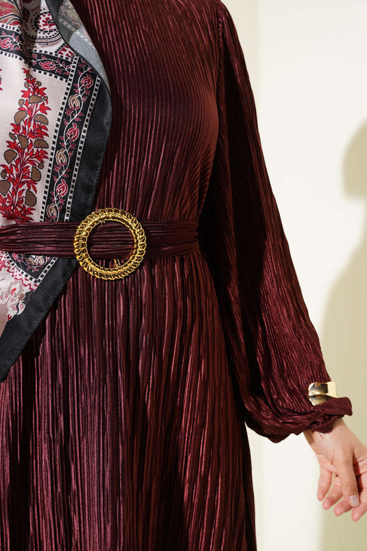 Pleated Satin Look Dress Burgundy