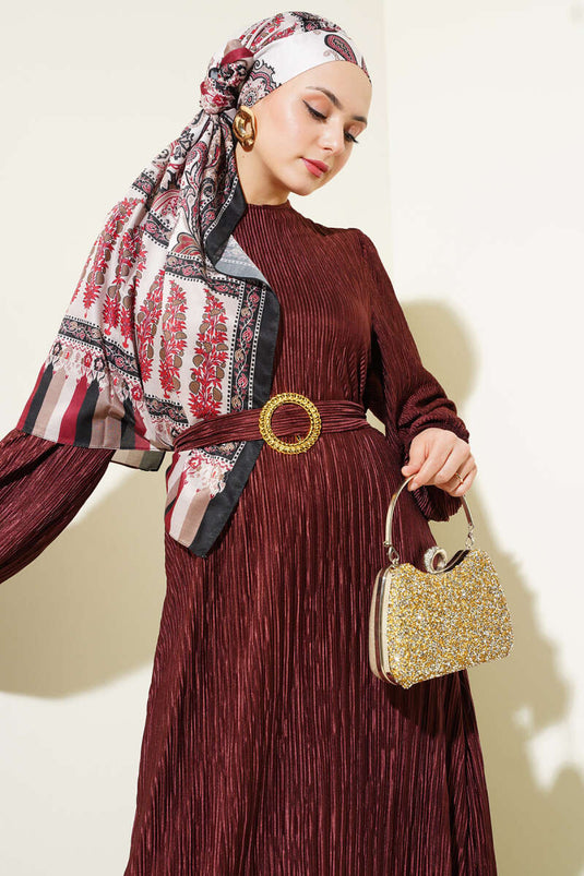 Pleated Satin Look Dress Burgundy