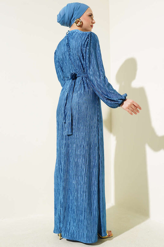 Pleated Satin Look Dress Indigo