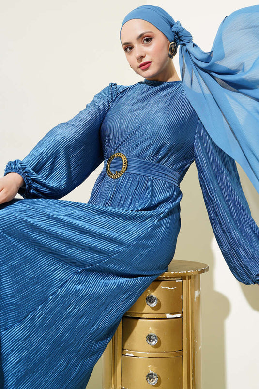 Pleated Satin Look Dress Indigo